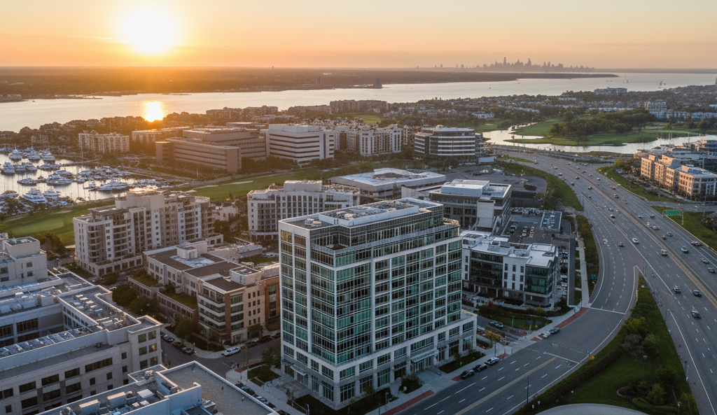 Aerial cityscape at sunset